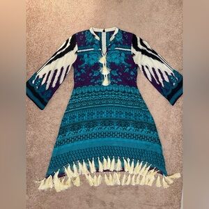 Pakistani Kurta with Tassels Abstract Self Print Blue/Purple/Cream/Black